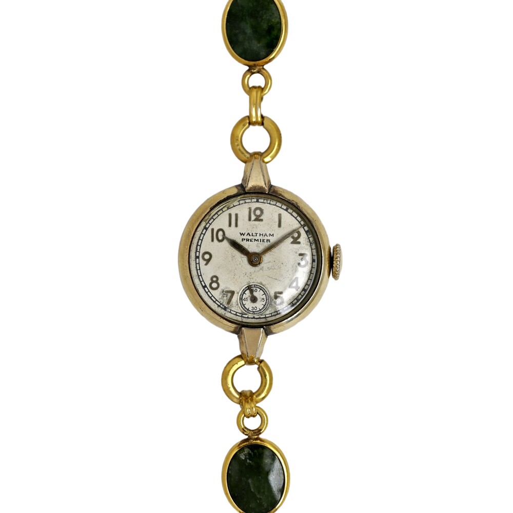 Waltham Premier Ladies Vintage 1960's Gold Filled 12k Gold Filled Jade Bracelet